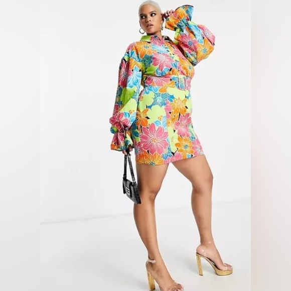 ASOS LUXE CURVE PEEKABOO FLARE SLEEVE SHIRT DRESS FLORAL bright - Picture 1 of 8